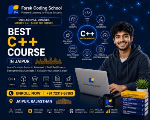 Best C++ Course in Jaipur banner by Forsk Coding School with C++ programming, DSA and STL training