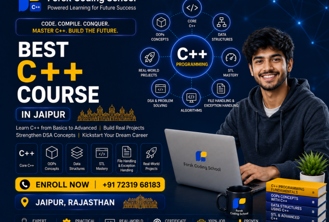 Best C++ Course in Jaipur banner by Forsk Coding School with C++ programming, DSA and STL training