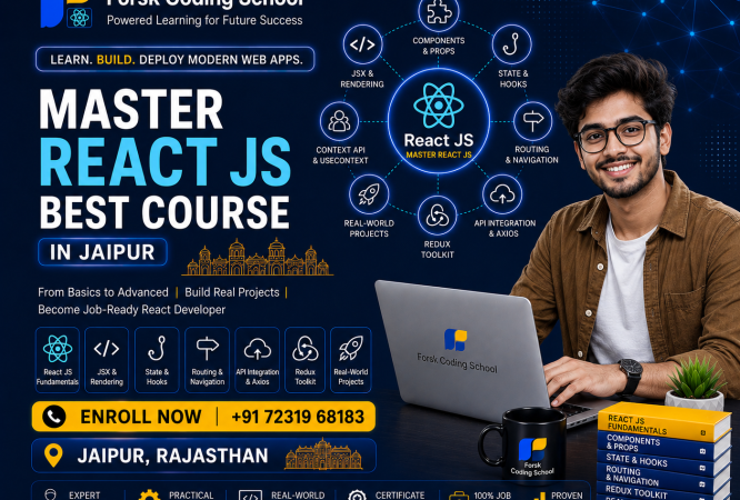 Master React JS Best Course in Jaipur banner by Forsk Coding School with React development and modern web app training