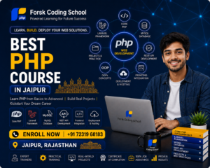 Best PHP Course in Jaipur banner by Forsk Coding School with Core PHP, Laravel and MySQL web development training