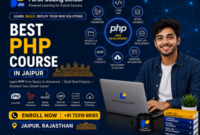 Best PHP Course in Jaipur banner by Forsk Coding School with Core PHP, Laravel and MySQL web development training