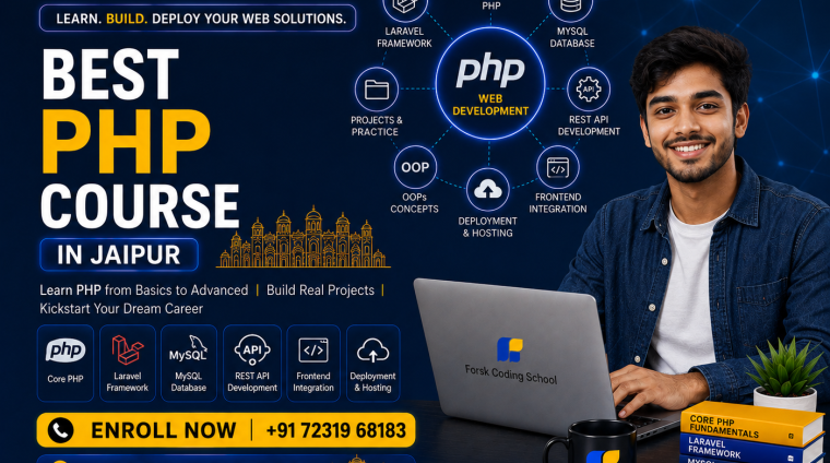 Best PHP Course in Jaipur banner by Forsk Coding School with Core PHP, Laravel and MySQL web development training
