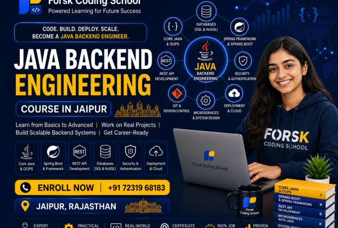 Java Backend Engineering Course banner by Forsk Coding School Jaipur with Spring Boot, REST API and backend development training