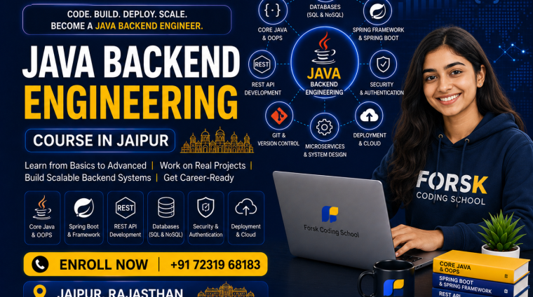 Java Backend Engineering Course banner by Forsk Coding School Jaipur with Spring Boot, REST API and backend development training