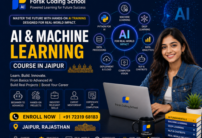 AI and Machine Learning Course banner by Forsk Coding School Jaipur with Python, NLP and Deep Learning training
