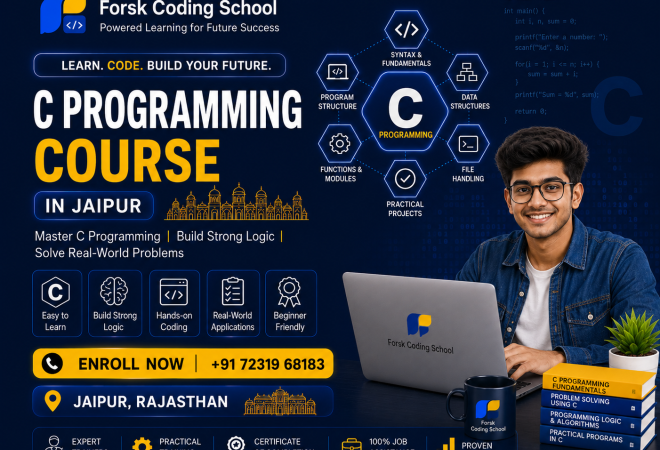 C Programming Course banner by Forsk Coding School Jaipur with coding and software development training