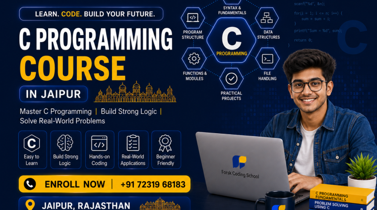 C Programming Course banner by Forsk Coding School Jaipur with coding and software development training