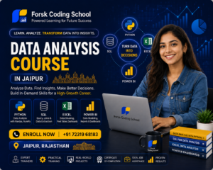 Data Analysis Course banner by Forsk Coding School Jaipur with Python, SQL, Excel and Power BI training