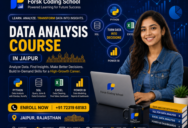 Data Analysis Course banner by Forsk Coding School Jaipur with Python, SQL, Excel and Power BI training