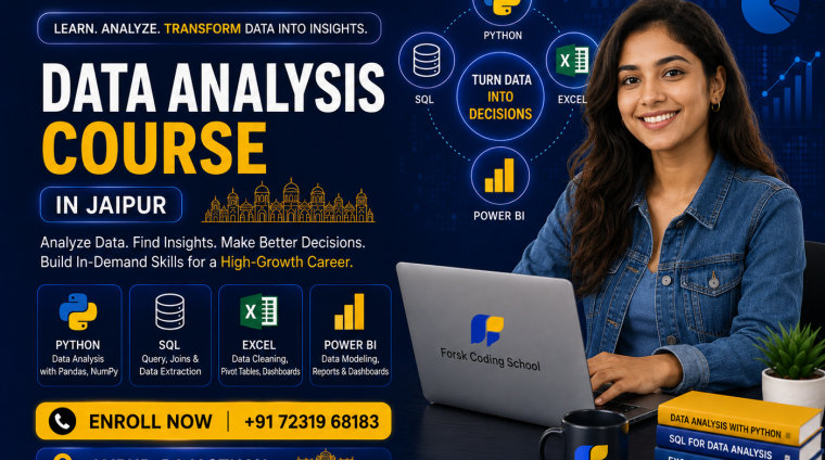Data Analysis Course banner by Forsk Coding School Jaipur with Python, SQL, Excel and Power BI training