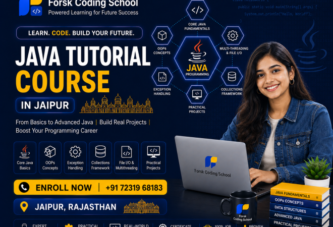 Java Tutorial Course banner by Forsk Coding School Jaipur with Core Java and Advanced Java programming training