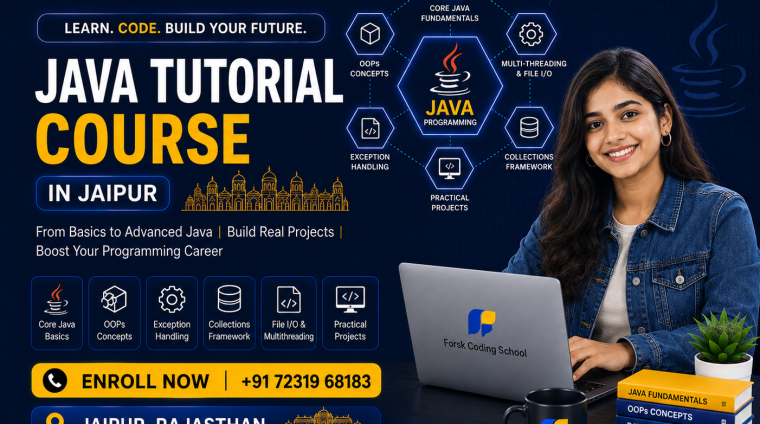 Java Tutorial Course banner by Forsk Coding School Jaipur with Core Java and Advanced Java programming training
