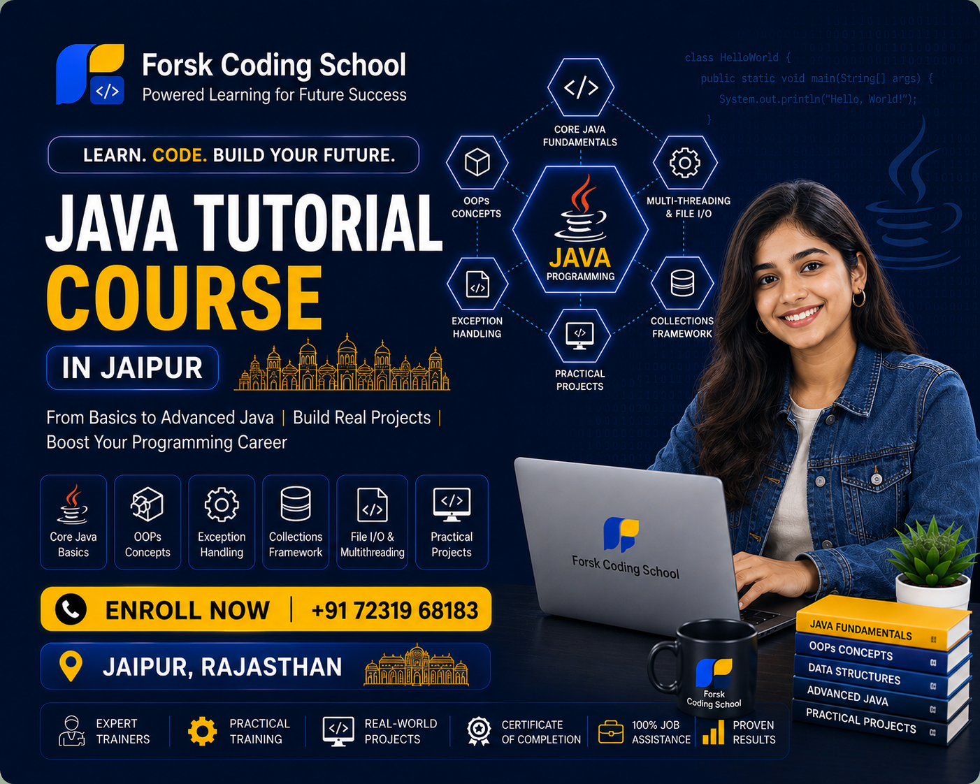 Java Tutorial Course banner by Forsk Coding School Jaipur with Core Java and Advanced Java programming training