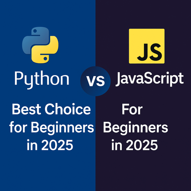 Infographic comparing Python and JavaScript for beginners in 2025. The left side features the Python logo with blue background and text ‘Best Choice for Beginners in 2025’. The right side shows the JavaScript logo with dark background and text ‘For Beginners in 2025’, separated by a circular ‘VS’ icon.