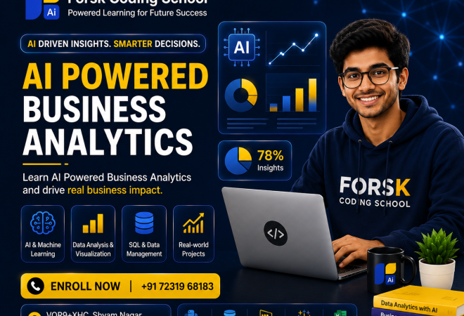 AI Powered Business Analytics Course banner by Forsk Coding School Jaipur with Power BI, SQL, Python and Tableau training