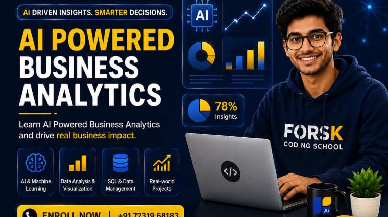 AI Powered Business Analytics Course banner by Forsk Coding School Jaipur with Power BI, SQL, Python and Tableau training