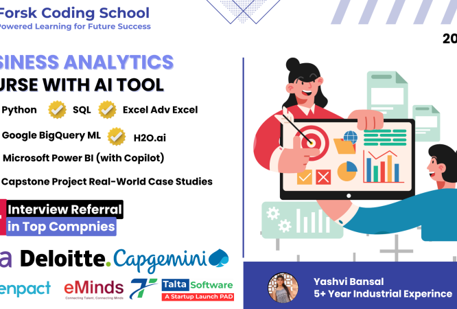Business Analytics course banner showing Python, SQL, Power BI, BigQuery ML, and AI tools training at Forsk Coding School