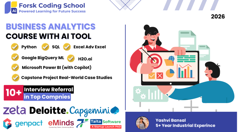 Business Analytics course banner showing Python, SQL, Power BI, BigQuery ML, and AI tools training at Forsk Coding School