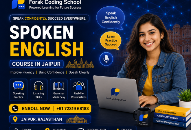 Spoken English Course banner by Forsk Coding School Jaipur with English communication and confidence building training