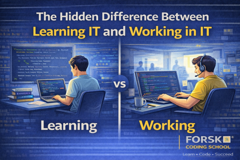 A conceptual 2025 split-screen image showing a student studying IT theory on the left and a professional resolving real-world server tickets on the right.
