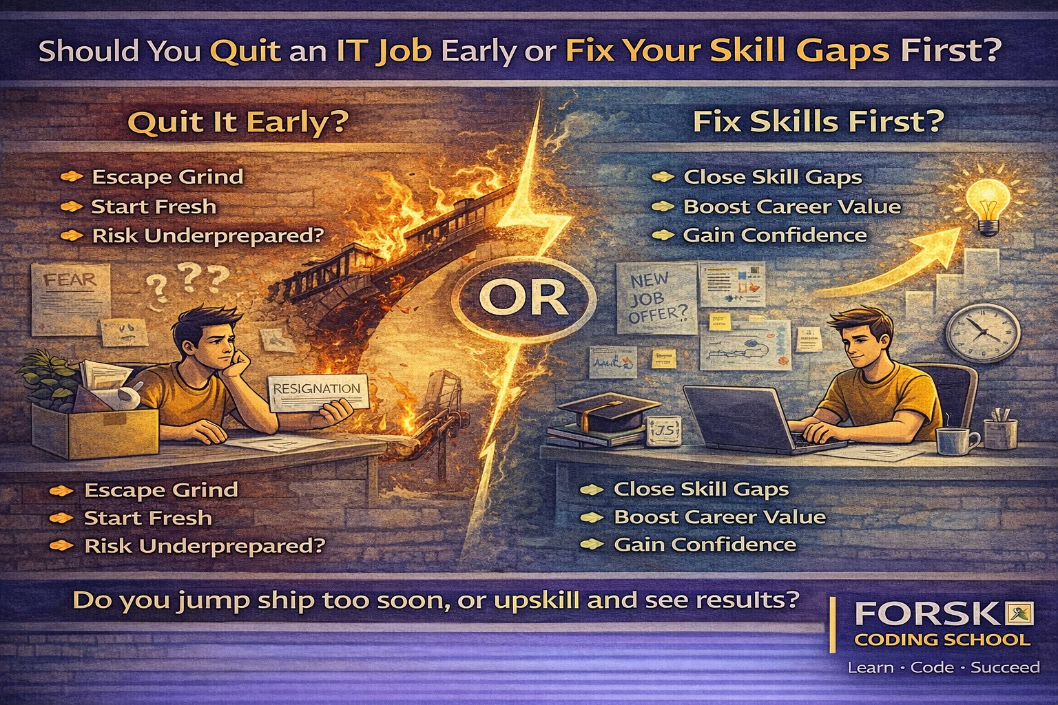 Decision between quitting an IT job early or fixing skill gaps first to improve IT career growth