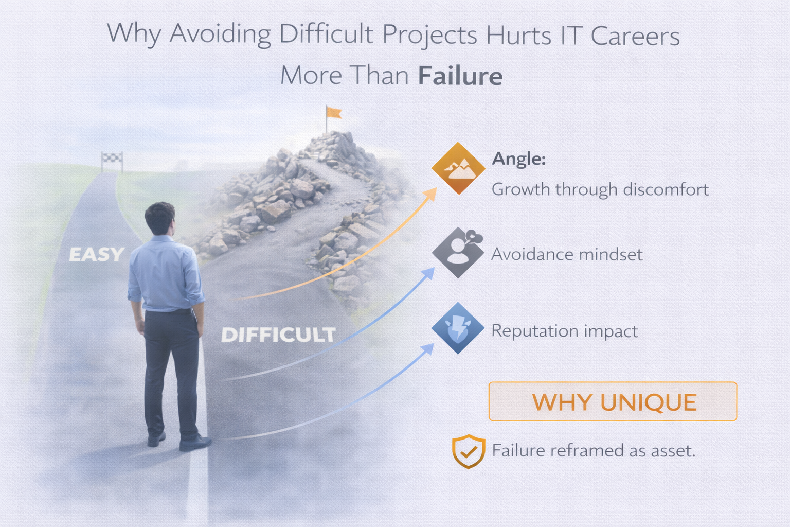 Why Avoiding Difficult Projects Hurts IT Careers More Than Failure Angle Growth through discomfort Avoidance mindset Reputation impact Why unique Failure reframed as asset.