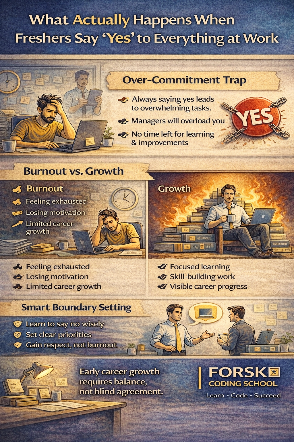 IT fresher mistakes at work showing over commitment burnout and smart boundary setting