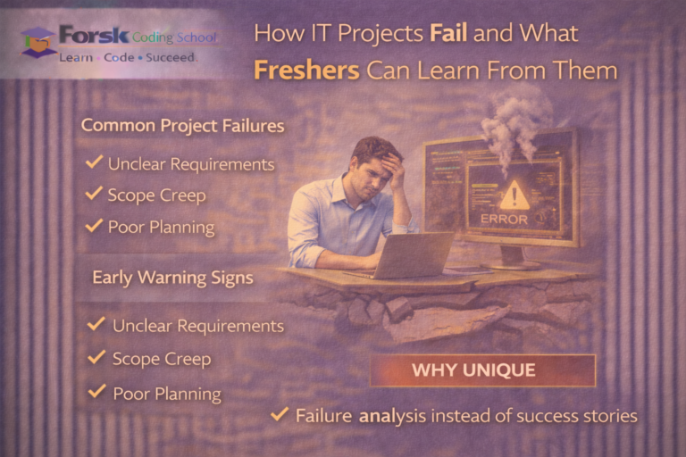 Illustration showing common IT project failures and lessons for freshers