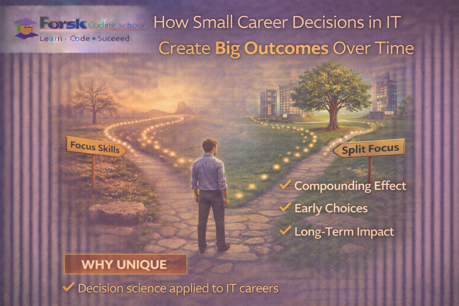 Illustration showing compounding effect of small career decisions in IT over time
