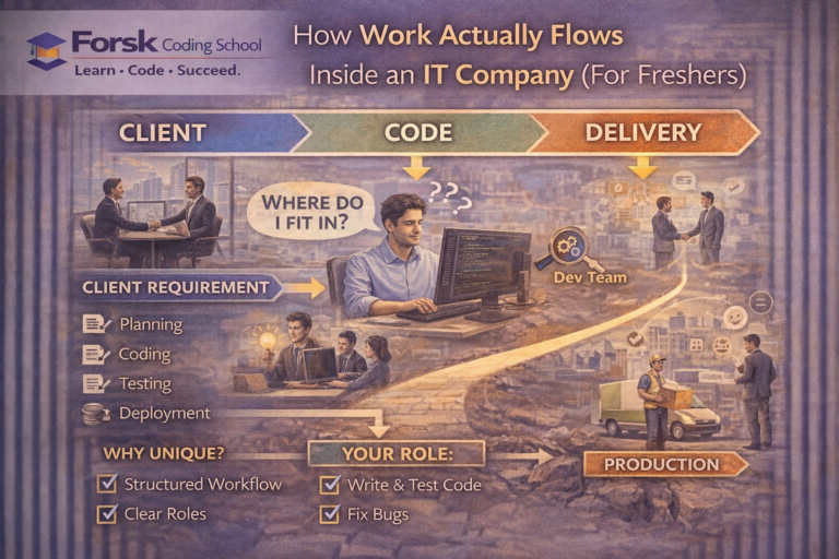 IT company workflow showing client requirement, development, testing, and delivery for freshers