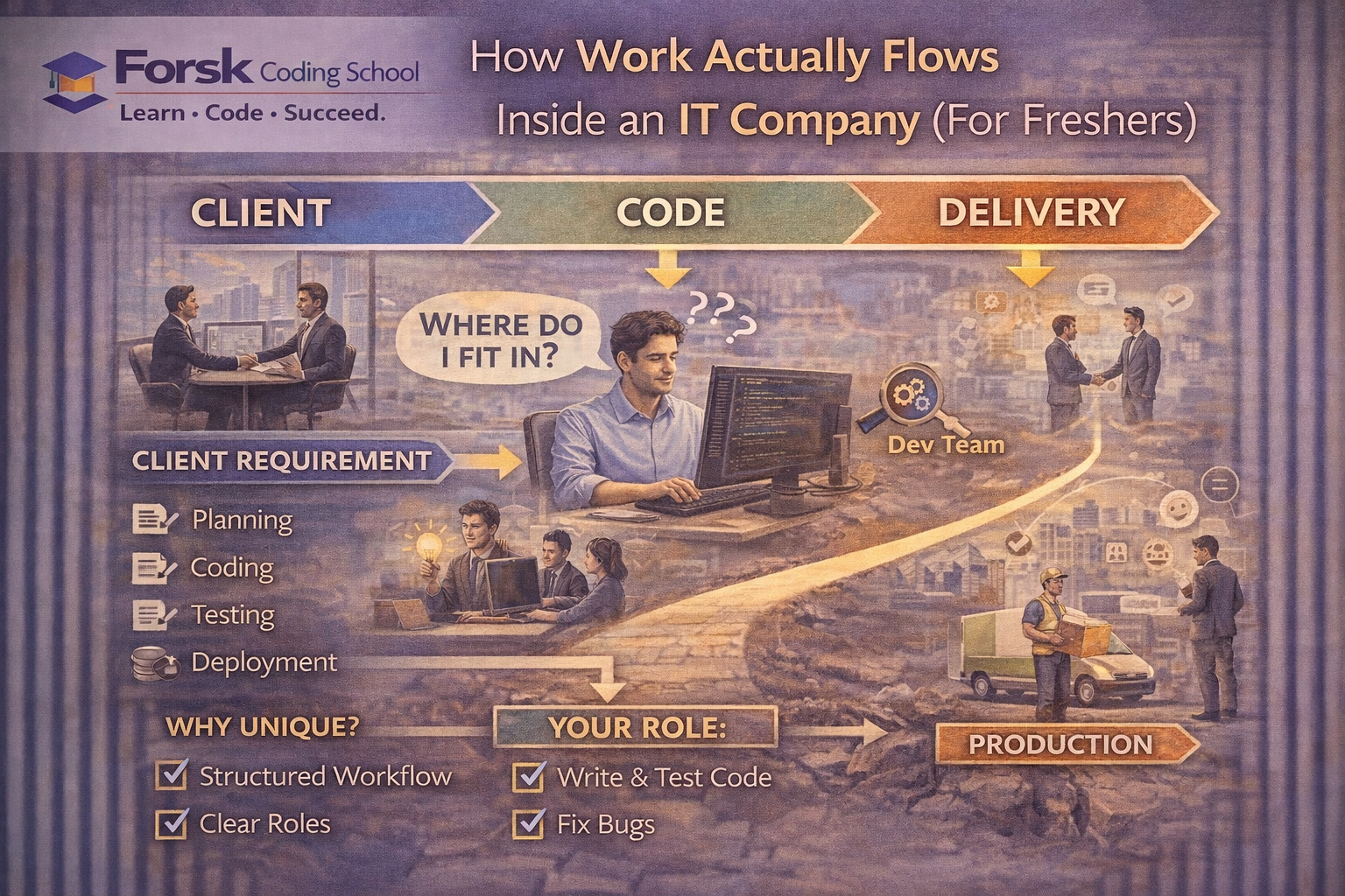 IT company workflow showing client requirement, development, testing, and delivery for freshers