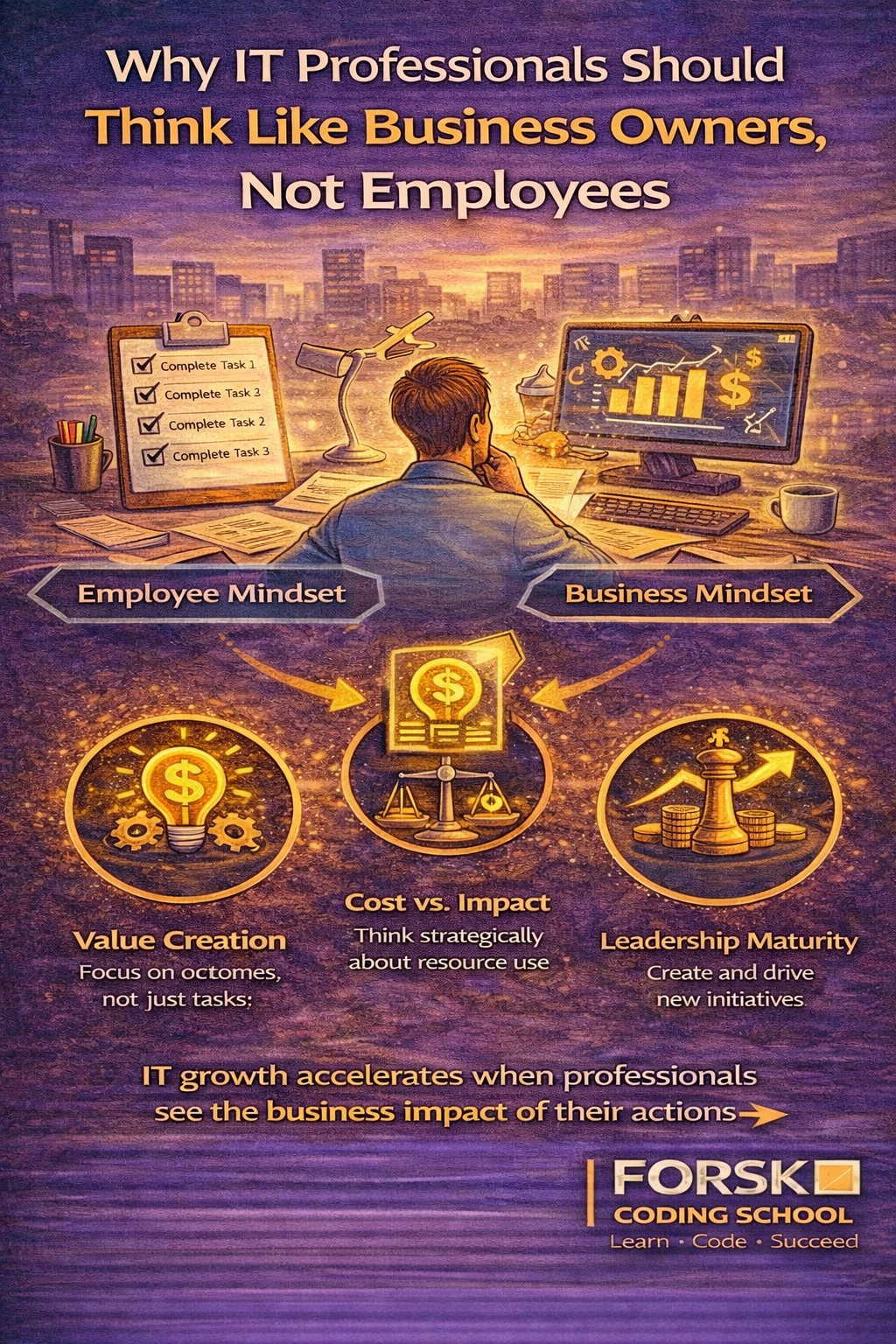 IT professional analyzing business impact and value creation instead of only completing tasks