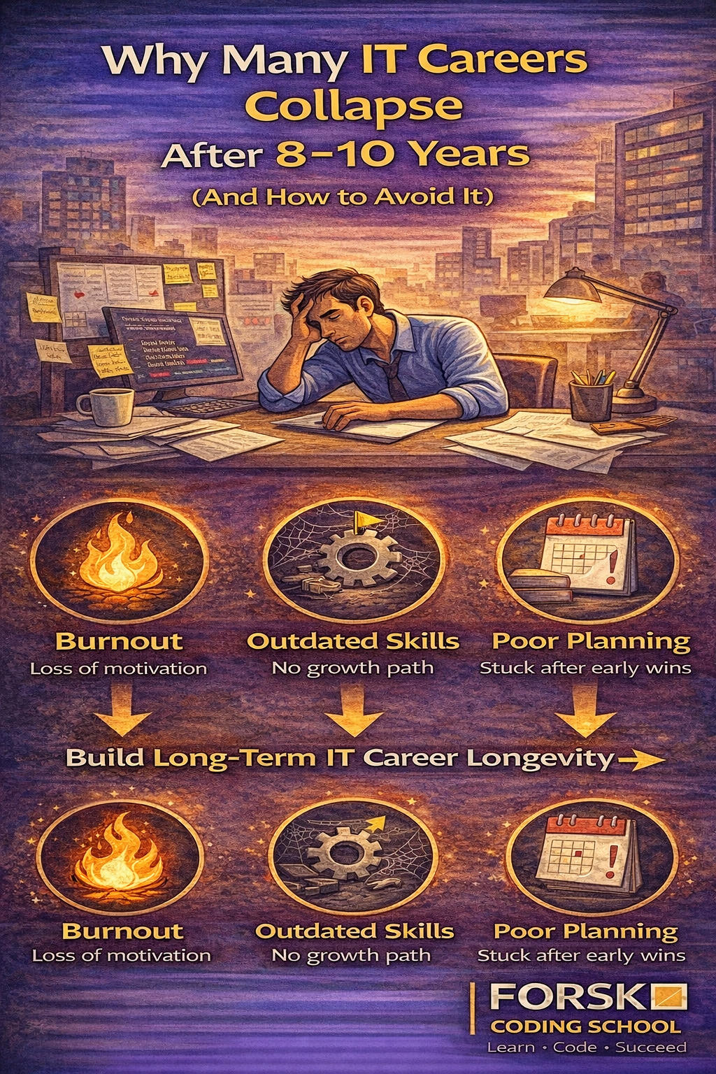 Mid-career IT professional experiencing burnout and career stagnation after years in the industry