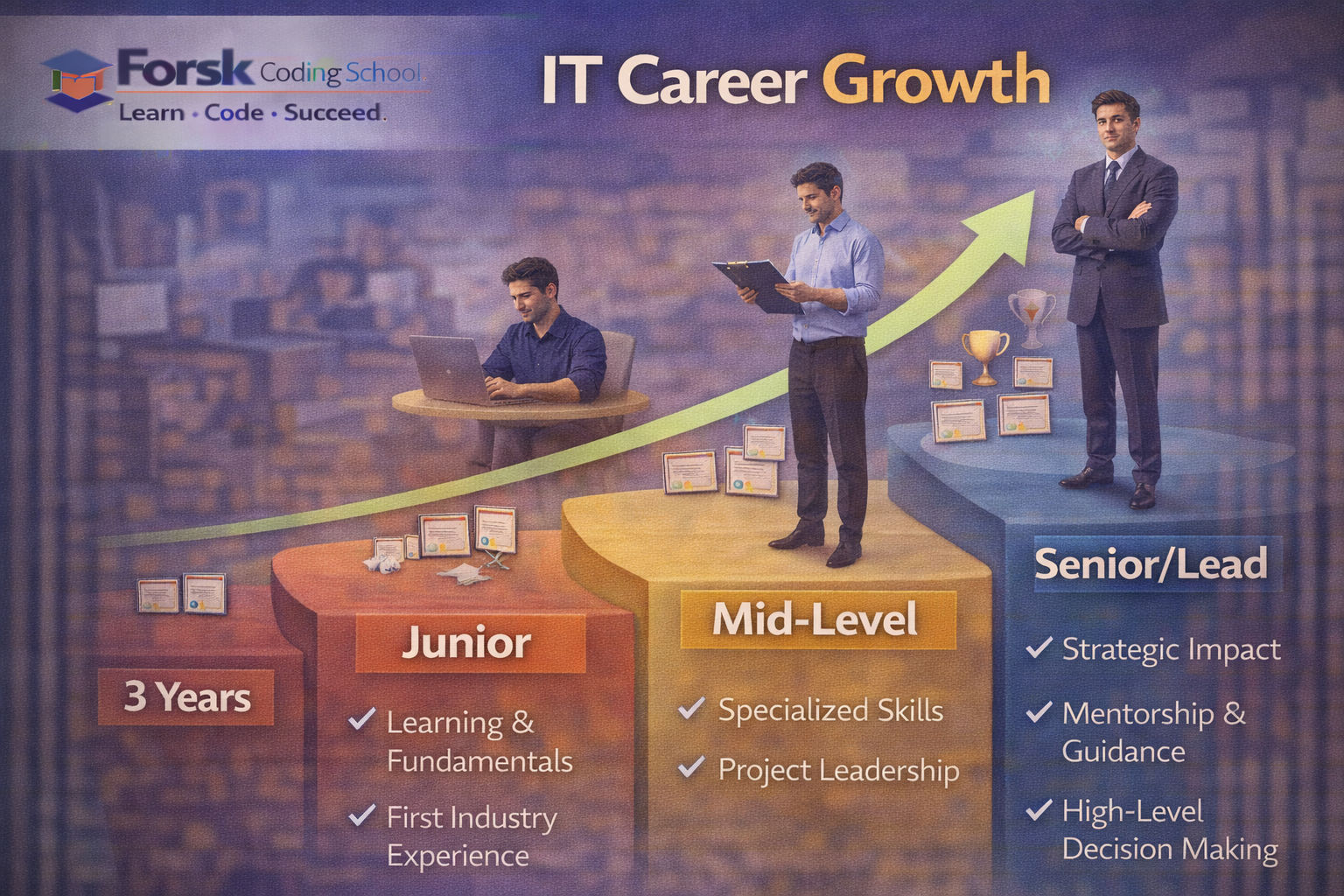 Timeline showing IT career growth phases after 3, 5, and 10 years with non-linear progress