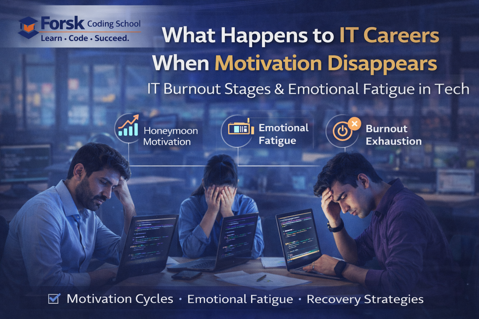 IT career motivation loss showing emotional fatigue and burnout stages in professionals