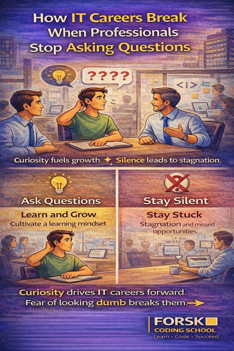 IT professional hesitating to ask questions during a team discussion leading to career stagnation