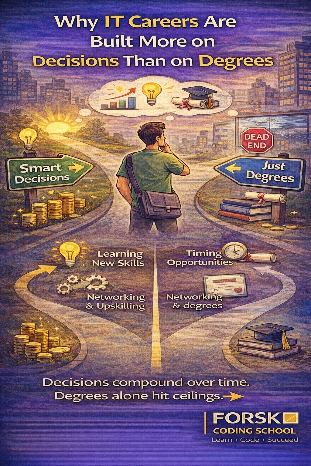 IT professional choosing career paths symbolizing decisions over academic degrees