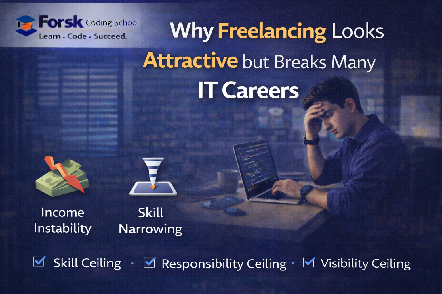 IT professional facing freelance career risks like income instability, skill narrowing, and isolation