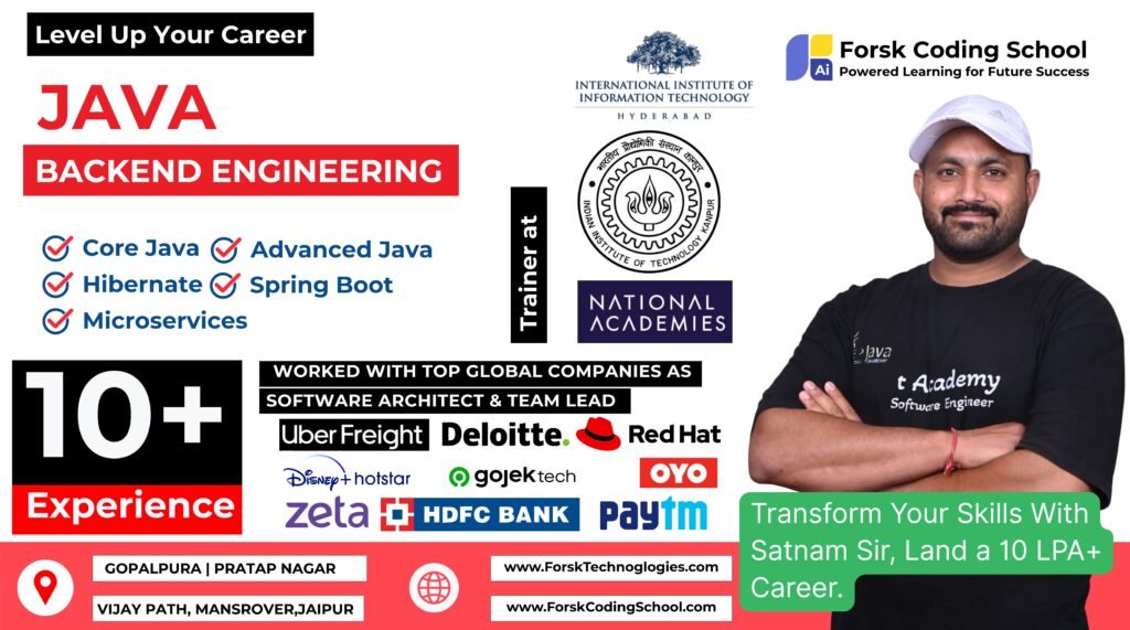 Java Backend Engineering training by Satnam Singh at Forsk Coding School Jaipur covering Core Java, Advanced Java and Spring Boot
