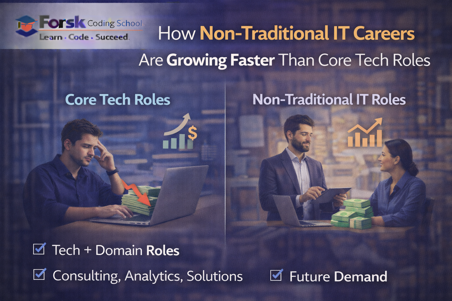 Illustration showing non-traditional IT careers like consulting, analytics, and solution roles growing faster than core technical jobs