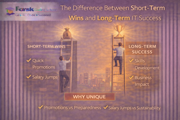 Illustration comparing short-term promotions and salary jumps with long-term sustainable IT career success