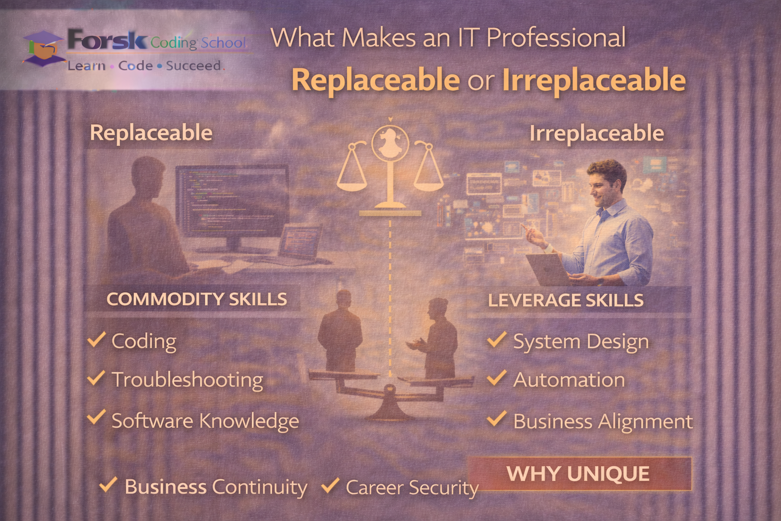 Illustration showing commodity skills versus leverage skills and system value in IT careers
