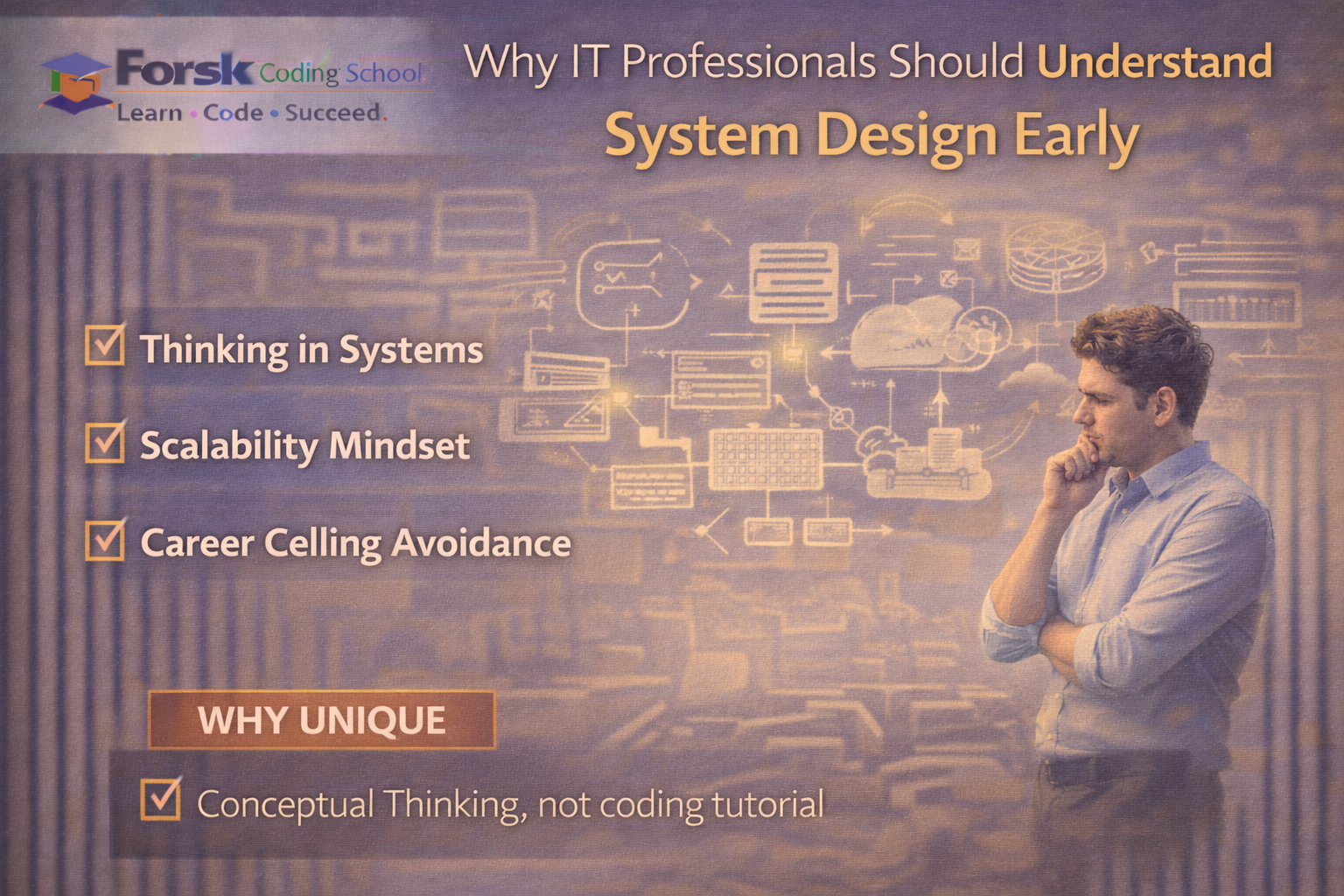 IT professional developing system design and scalability mindset beyond coding