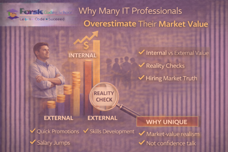 Illustration showing internal recognition versus external hiring market value in IT careers