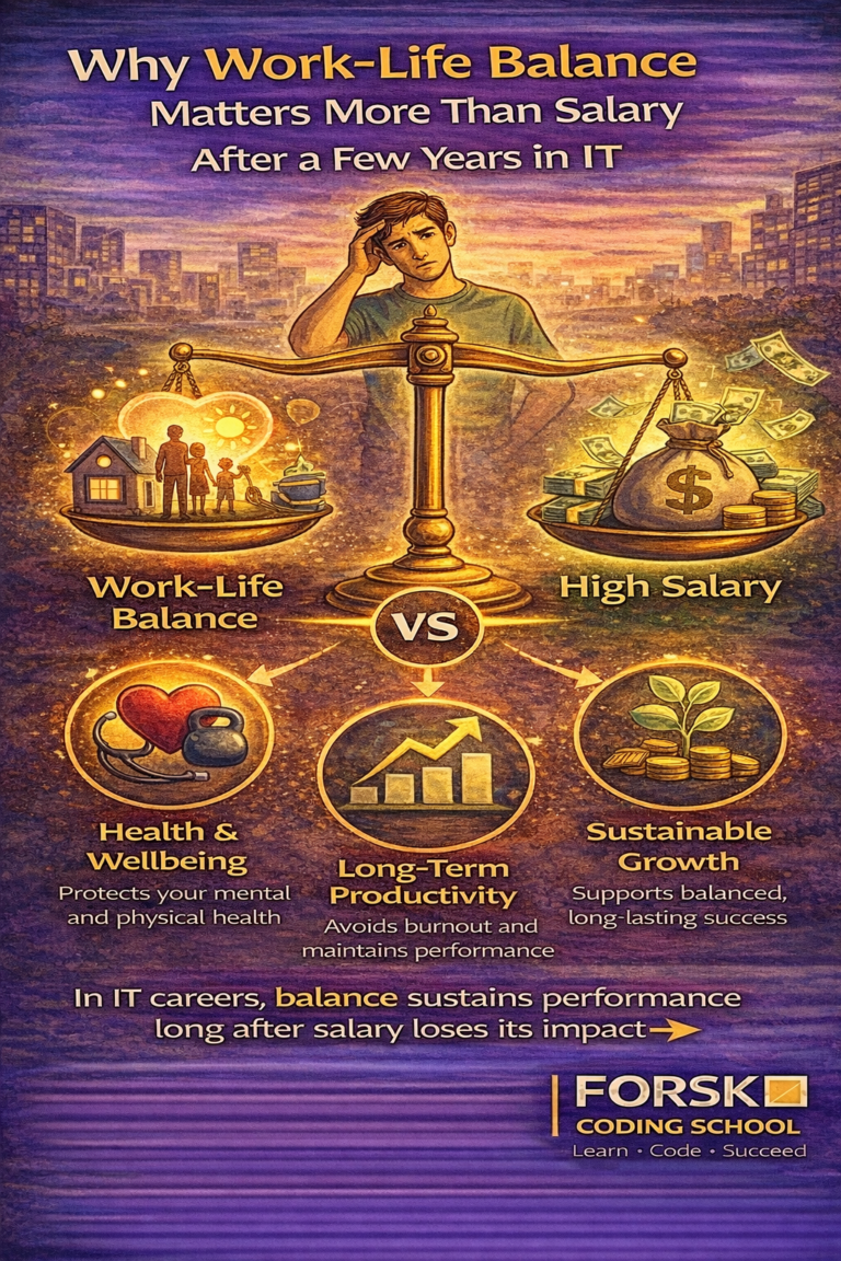 IT professional choosing work-life balance over high salary to avoid burnout and protect health