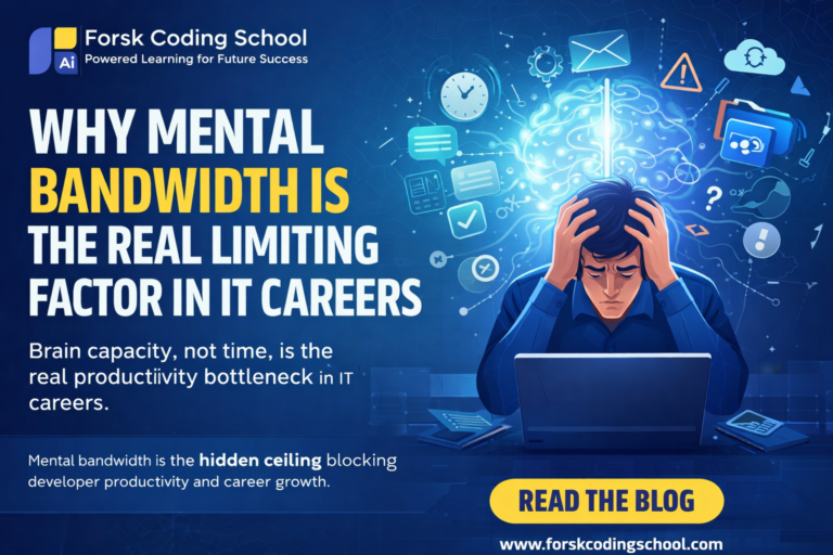 Mental bandwidth concept showing IT professional overwhelmed with cognitive overload