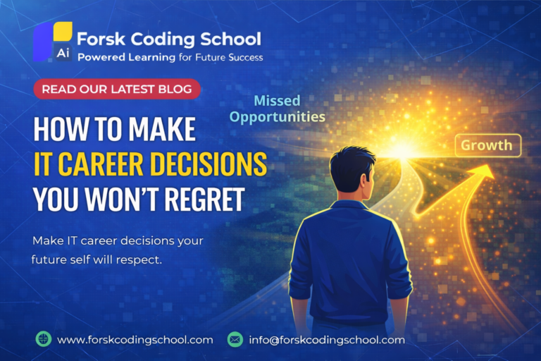 Software developer confidently choosing a forward career path with future vision