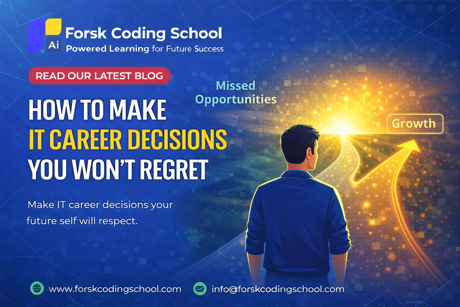 Software developer confidently choosing a forward career path with future vision