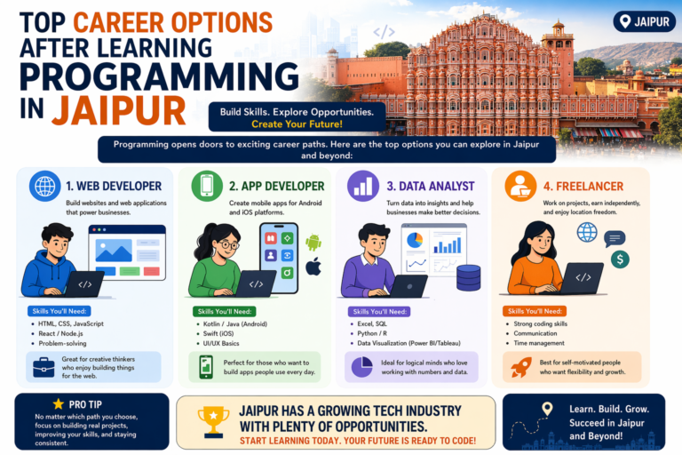 top career options after learning programming in Jaipur including web developer app developer data analyst freelancer