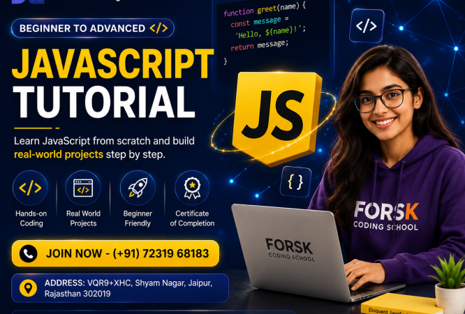 JavaScript Tutorial Course banner by Forsk Coding School Jaipur with React, Node.js and web development training